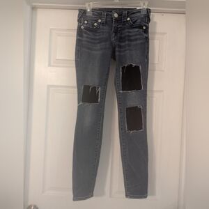 True Religion Skinny Leg Jeans Size 24,Euc With Black Velour Patches ,Euc